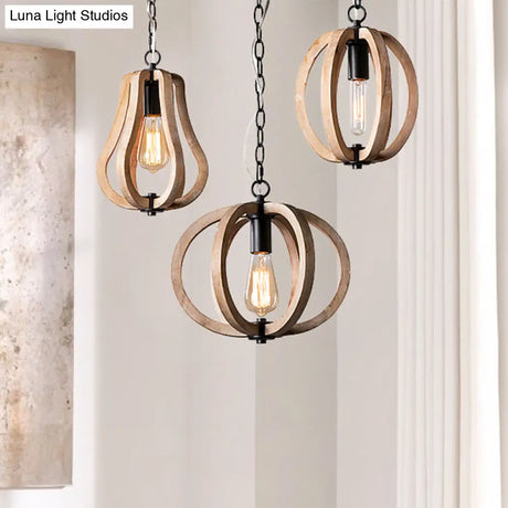 Country Style Wood Orb Drop Ceiling Pendant Light In Black For Foyer