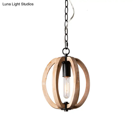 Country Style Wood Orb Drop Ceiling Pendant Light In Black For Foyer