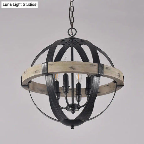 Black Wood Strap Globe Pendant Chandelier Kit - Country Living Room Hanging Lamp