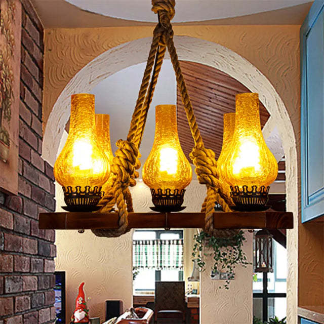 Country Stylish 5-Light Pendant Lamp With Yellow Cracked Glass Teardrop Shades And Rope Detailing