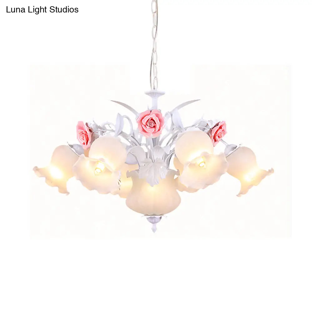 Countryside Blossom Chandelier - 8 Head White Glass Pendant Ceiling Light For Dining Room