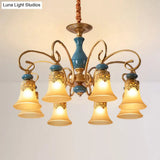 Countryside Brass Suspension Pendant Chandelier With Bell Milk Glass Shade - 3/5/6-Bulb Swooping Arm