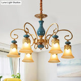 Countryside Brass Suspension Pendant Chandelier With Bell Milk Glass Shade - 3/5/6-Bulb Swooping Arm