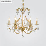 Countryside Brass Teardrop Chandelier Lamp - Metal 8 Bulb Pendant Light Kit With Crystal Accents