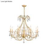 Countryside Brass Teardrop Chandelier Lamp - Metal 8 Bulb Pendant Light Kit With Crystal Accents