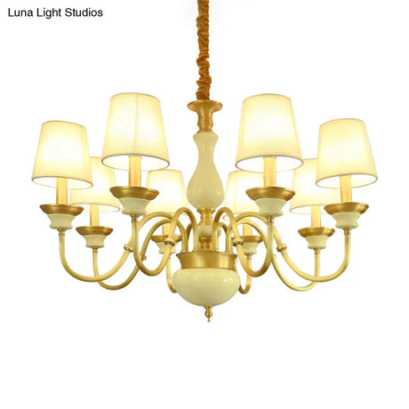 Countryside Ceramic Candelabra Chandelier Pendant Lamp With Fabric Cone Shade - 3/6/8-Bulb Bedroom