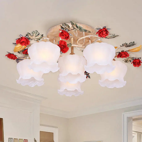 Countryside Coffee Floral Dining Room Semi Flush Light Fixture - 4/6 - Light Frosted Glass Mount 6 /