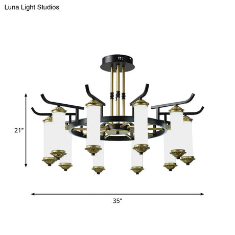 Countryside Column Frosted Glass 8/10-Bulb Chandelier In Black-Gold Finish