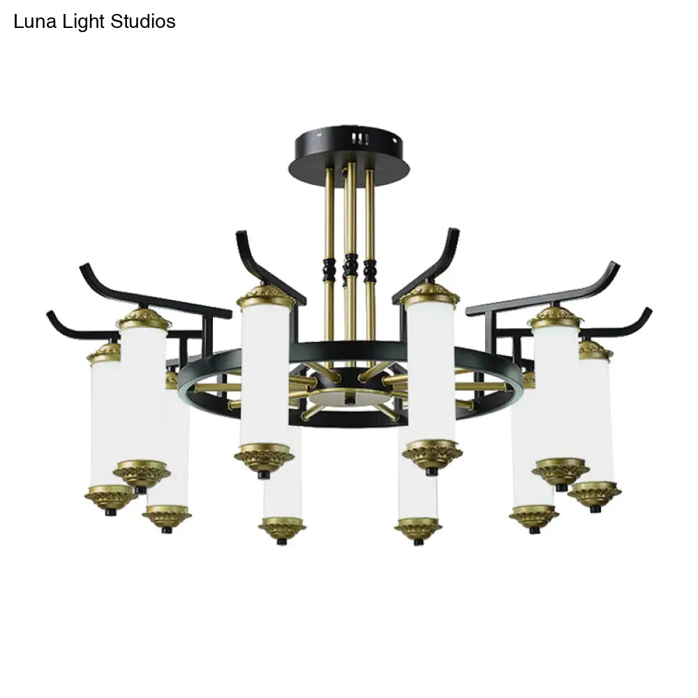 Countryside Column Frosted Glass 8/10-Bulb Chandelier In Black-Gold Finish