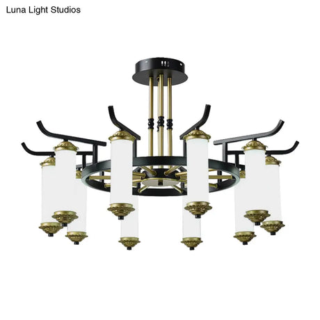 Countryside Column Frosted Glass 8/10-Bulb Chandelier In Black-Gold Finish