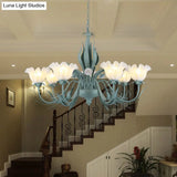 Countryside Curved Arm Chandelier Lamp In Aqua - Metal Led Drop Pendant (3/5/7 Bulbs) For Living