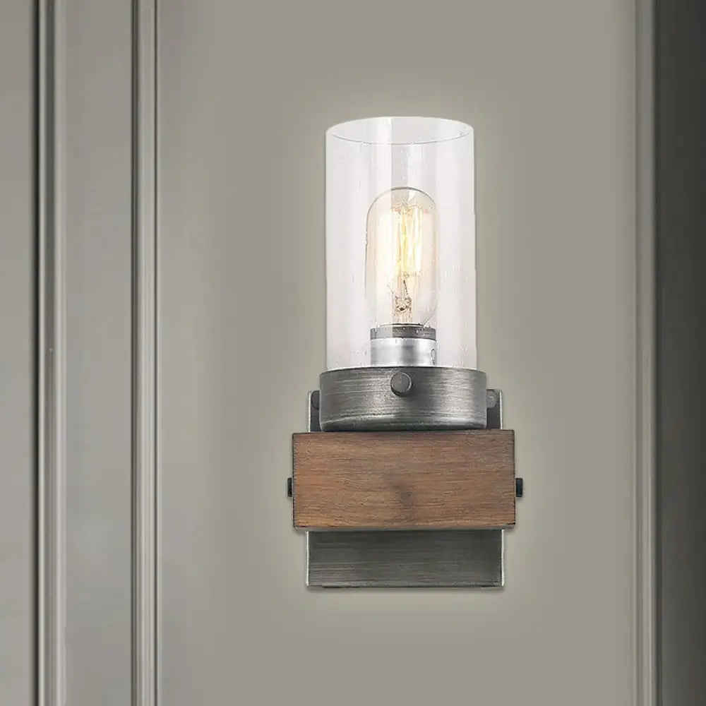 Countryside Cylindrical Wall Sconce Light - Clear Glass Lamp Fixture In Brown 1 /
