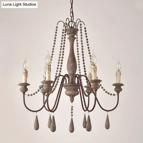 Countryside Distressed Wood Hanging Chandelier With Bead Strand Candelabra Design