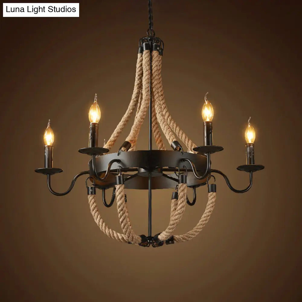 Countryside Hanging Chandelier With 6/8 Brown Bulbs And Hemp Rope Basket Pendant Design