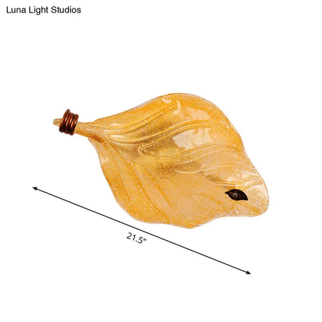 Countryside Leaf Shaped Ceiling Flush Mount Yellow Glass Hallway Light Fixture With 2 Lights