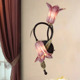 Countryside Opal Glass Wall Sconce With White/Purple Petunia Design - 2-Bulb Bedroom Lighting Purple