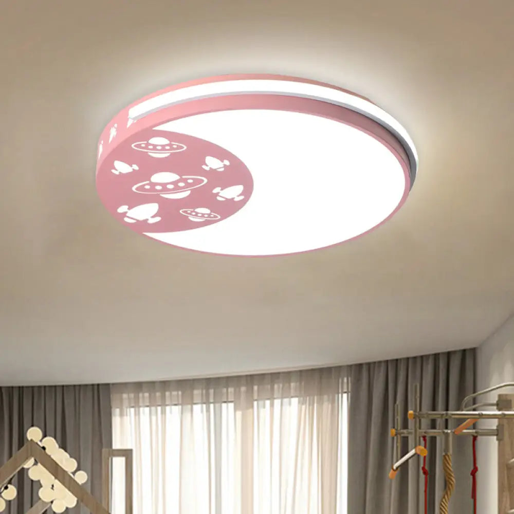 Crescent Led Flush Mount Kids Acrylic Ceiling Lamp In Blue/Black/Pink – Outer Space Design For