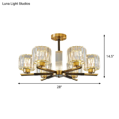 Crystal Block Ceiling Light With 3/6 Semi - Mounted Cylinder Lights In Black And Gold