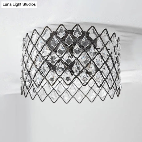 Crystal - Decorated Metal Semi Flush Light: Contemporary Indoor Ceiling Lighting In Black 3/5