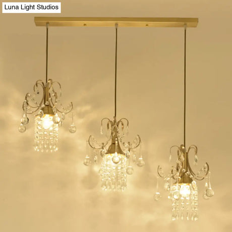 Crystal Drip Cylindrical Island Pendant - Minimalist Brass Suspension Lamp For Dining Table