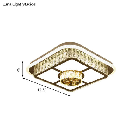 Crystal - Encrusted Led Flushmount Ceiling Light For Bedroom - Modernist White Square And
