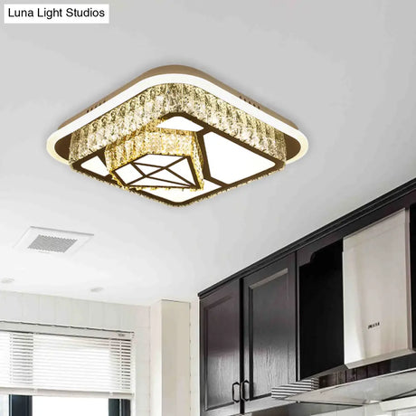Crystal - Encrusted Led Flushmount Ceiling Light For Bedroom - Modernist White Square And