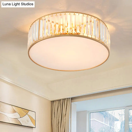 Crystal Flush Mount Lighting With Drum Shade - Gold 3/4/5 Lights 12.5’/16.5’/20.5’ Wide