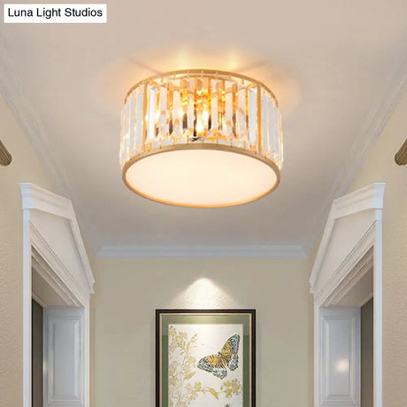 Crystal Flush Mount Lighting With Drum Shade - Gold 3/4/5 Lights 12.5’/16.5’/20.5’ Wide