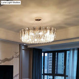 Crystal Leaf Round Ceiling Chandelier With 9 Bulbs For Modern Living Rooms