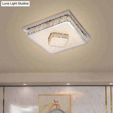 Crystal Square Flush Mount Led Lamp With Beveled Design In Warm/White Light Chrome Finish