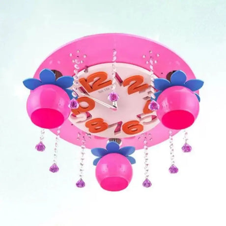 Crystal Wood Kid Bedroom Ceiling Mount Light With 3 Head Creative Lamp Pink