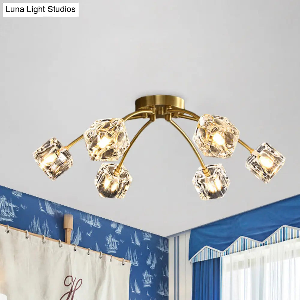 Cubic Restaurant Semi Flush Light With Clear Crystal Block - 6 - Light Brass Mount