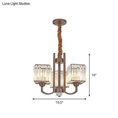 Cuboid Crystal Block Chandelier - Modernist Pendant Lamp With 3/6 Lights For Dining Room In Coffee