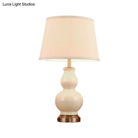 Curved Ceramic Nightstand Lamp: Modern Pink/White Task Light With Fabric Shade 13/16 Wide