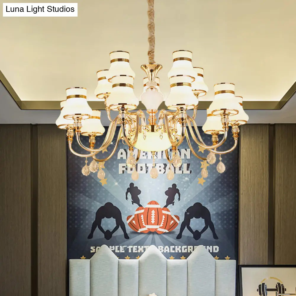 Curvy Arm Suspension Chandelier With 15 Opal Glass Bulbs - Gold Finish