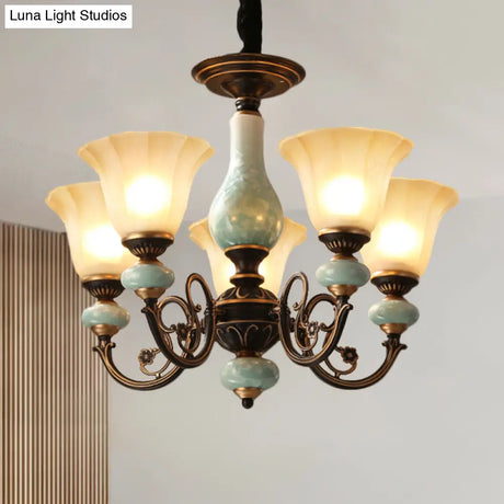 Curvy Armed Pendant Chandelier - Rural Style Black-Gold Metallic Ceiling Light With Blossom Shade