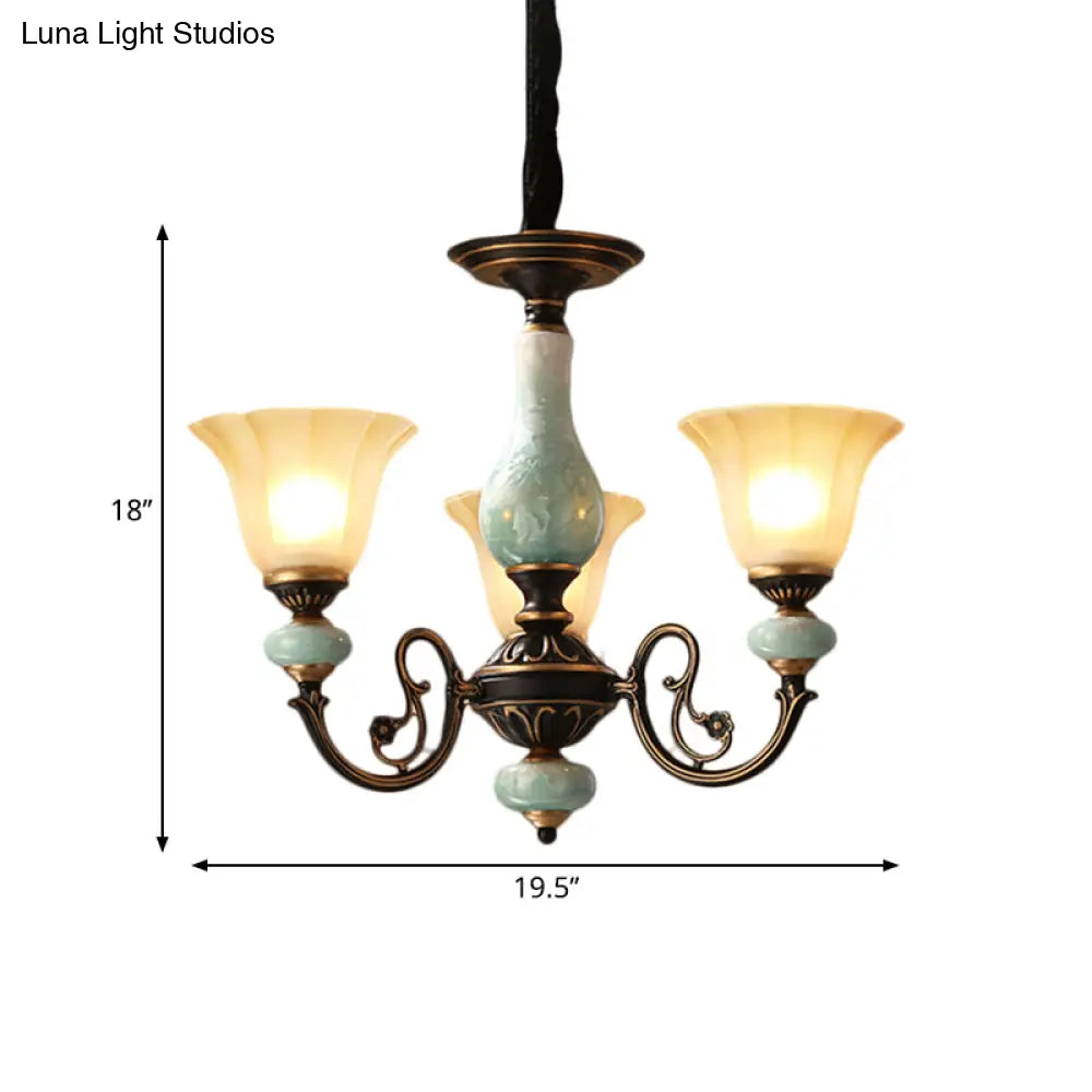 Curvy Armed Pendant Chandelier - Rural Style Black-Gold Metallic Ceiling Light With Blossom Shade