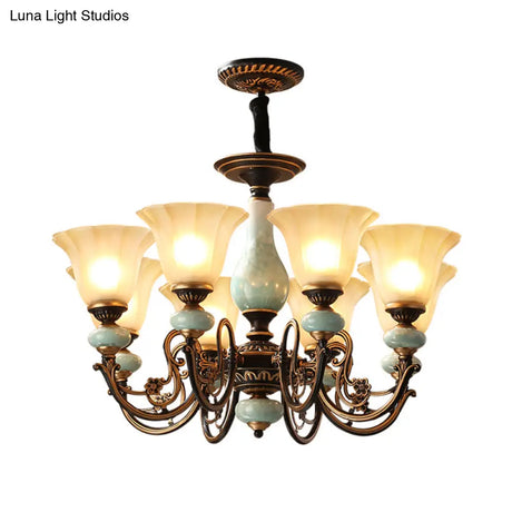Curvy Armed Pendant Chandelier - Rural Style Black-Gold Metallic Ceiling Light With Blossom Shade