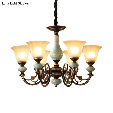 Curvy Armed Pendant Chandelier - Rural Style Black-Gold Metallic Ceiling Light With Blossom Shade
