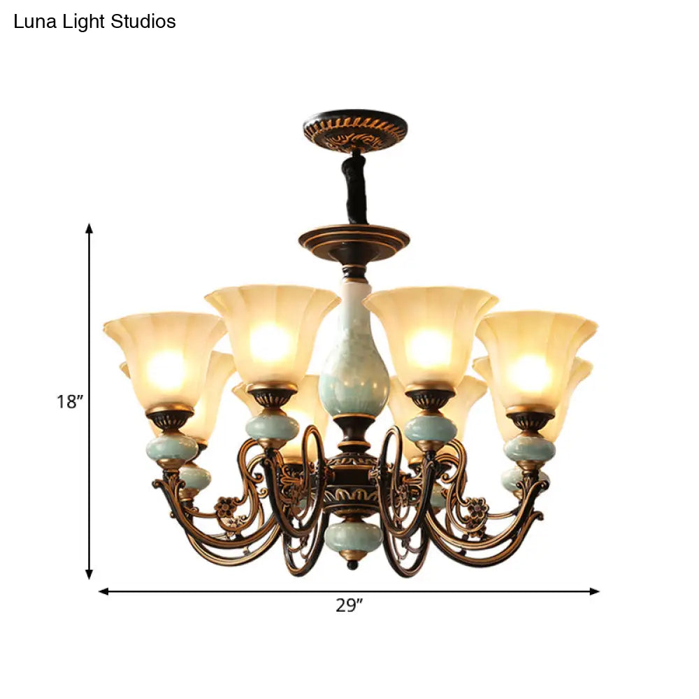 Curvy Armed Pendant Chandelier - Rural Style Black-Gold Metallic Ceiling Light With Blossom Shade
