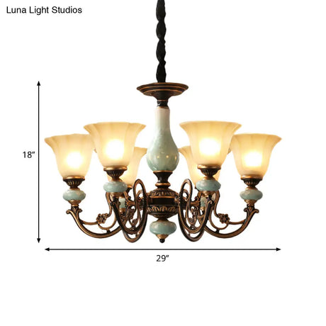 Curvy Armed Pendant Chandelier - Rural Style Black-Gold Metallic Ceiling Light With Blossom Shade