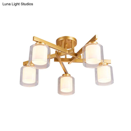 Cylinder Semi Mount Bedroom Lighting - Clear Glass White Ceiling Light 4/5/6 Lights