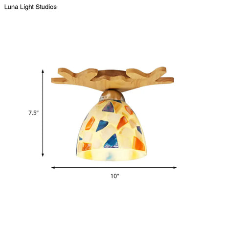 Deer Horn Antique Ceiling Mount Light: Beige Glass Lamp For Shops