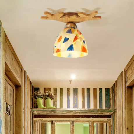Deer Horn Antique Ceiling Mount Light: Beige Glass Lamp For Shops