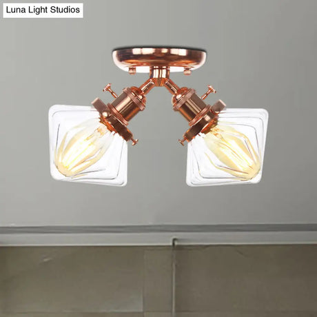 Diamond Amber/Clear Glass Semi Mount Farmhouse Light Fixture - 2 - Light Flush Black/Bronze Design