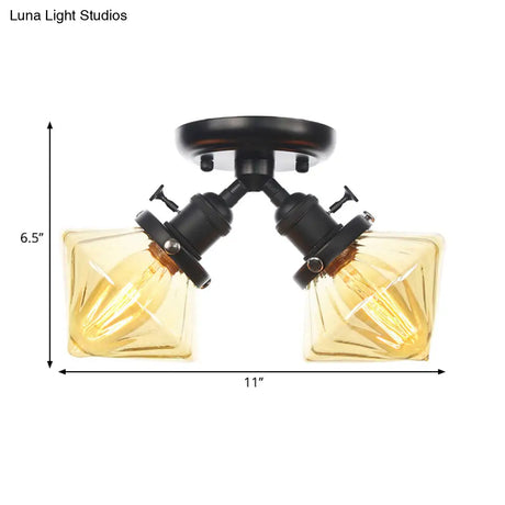 Diamond Amber/Clear Glass Semi Mount Farmhouse Light Fixture - 2 - Light Flush Black/Bronze Design