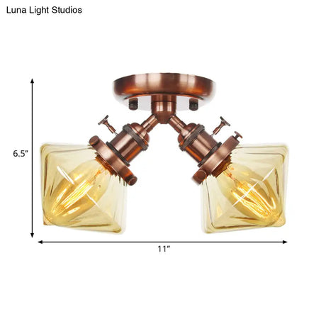 Diamond Amber/Clear Glass Semi Mount Farmhouse Light Fixture - 2 - Light Flush Black/Bronze Design