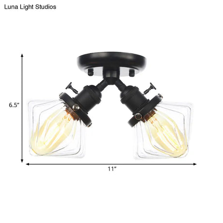 Diamond Amber/Clear Glass Semi Mount Farmhouse Light Fixture - 2 - Light Flush Black/Bronze Design