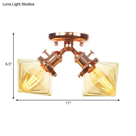 Diamond Amber/Clear Glass Semi Mount Farmhouse Light Fixture - 2 - Light Flush Black/Bronze Design