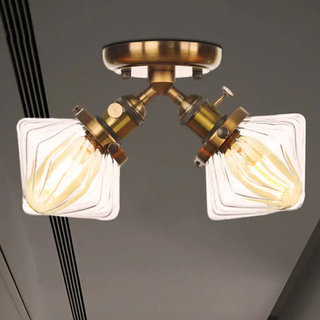 Diamond Amber/Clear Glass Semi Mount Farmhouse Light Fixture - 2 - Light Flush Black/Bronze Design